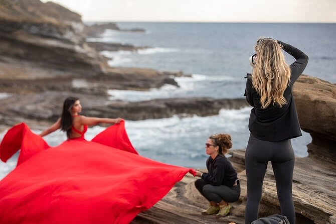 Flying Dress Photoshoot on Oahu - Working with wind, rock, and morning light